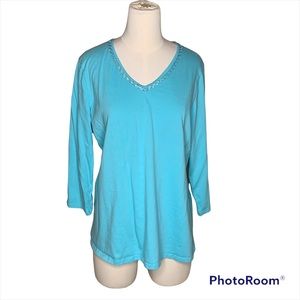 ColdWater Creek Aqua Blue Tunic Blouse Top 3/4 Sleeve - Size 14 (L)